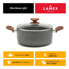 Olla Stone 360° 24 cm con tapa de vidrio y asas acabado tipo madera