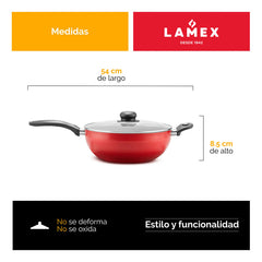 Wok Antiadherente Rojo 28 Cm Lamex Con Tapa De Vidrio