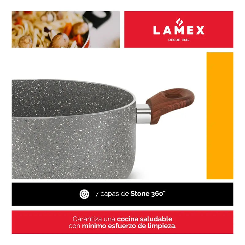 Olla Stone 360° 24 cm con tapa de vidrio y asas acabado tipo madera