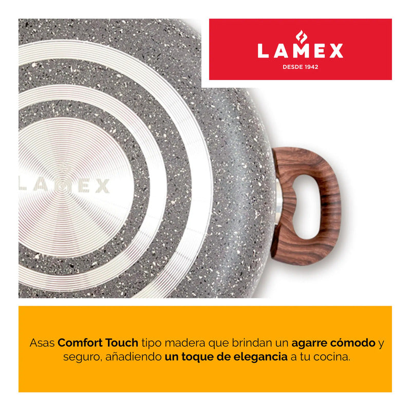 Olla Stone 360° 24 cm con tapa de vidrio y asas acabado tipo madera