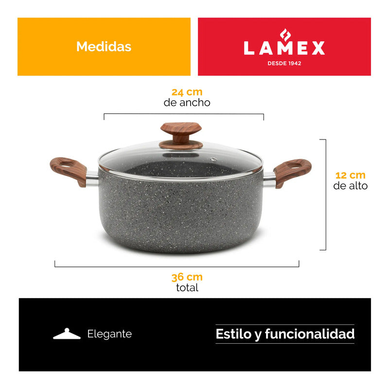 Olla Stone 360° 24 cm con tapa de vidrio y asas acabado tipo madera