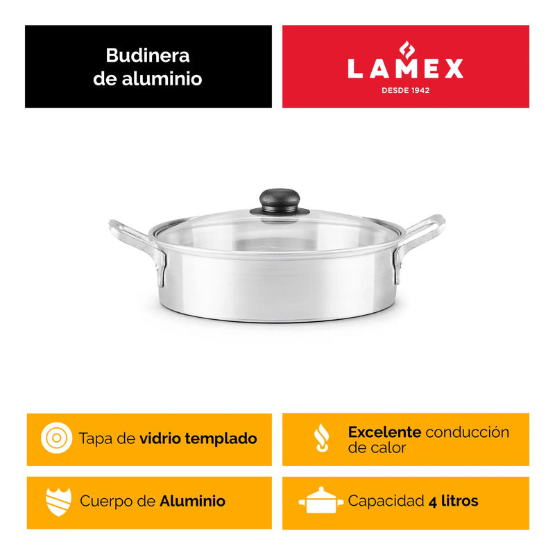 Budinera Lamex De Aluminio 4 Litros Con Tapa De Vidrio