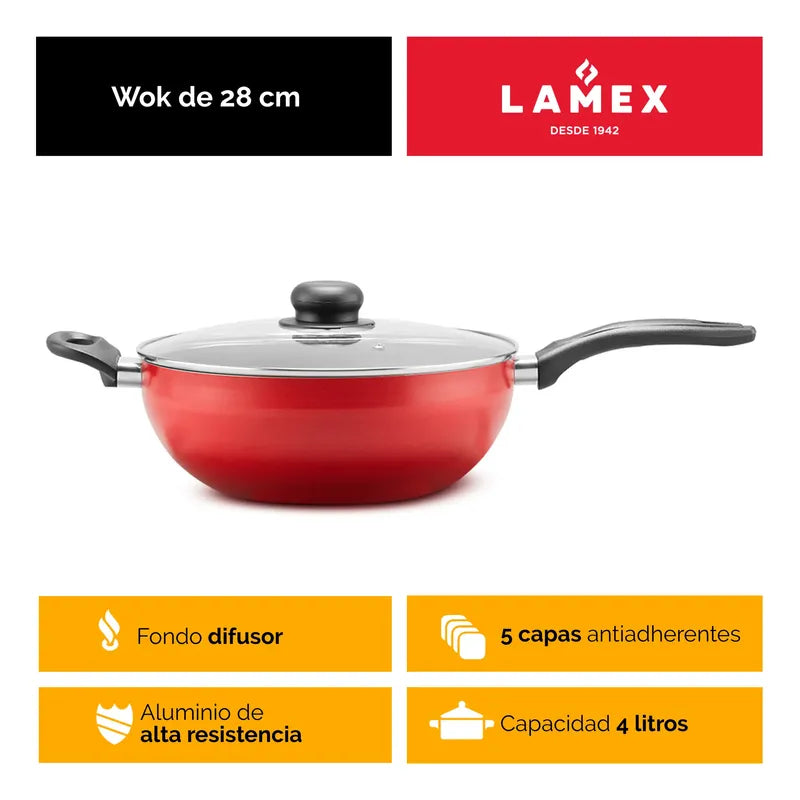 Wok Antiadherente Rojo 28 Cm Lamex Con Tapa De Vidrio