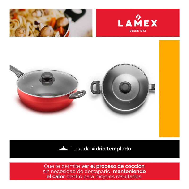 Wok Antiadherente Rojo 28 Cm Lamex Con Tapa De Vidrio
