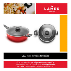Wok Antiadherente Rojo 28 Cm Lamex Con Tapa De Vidrio