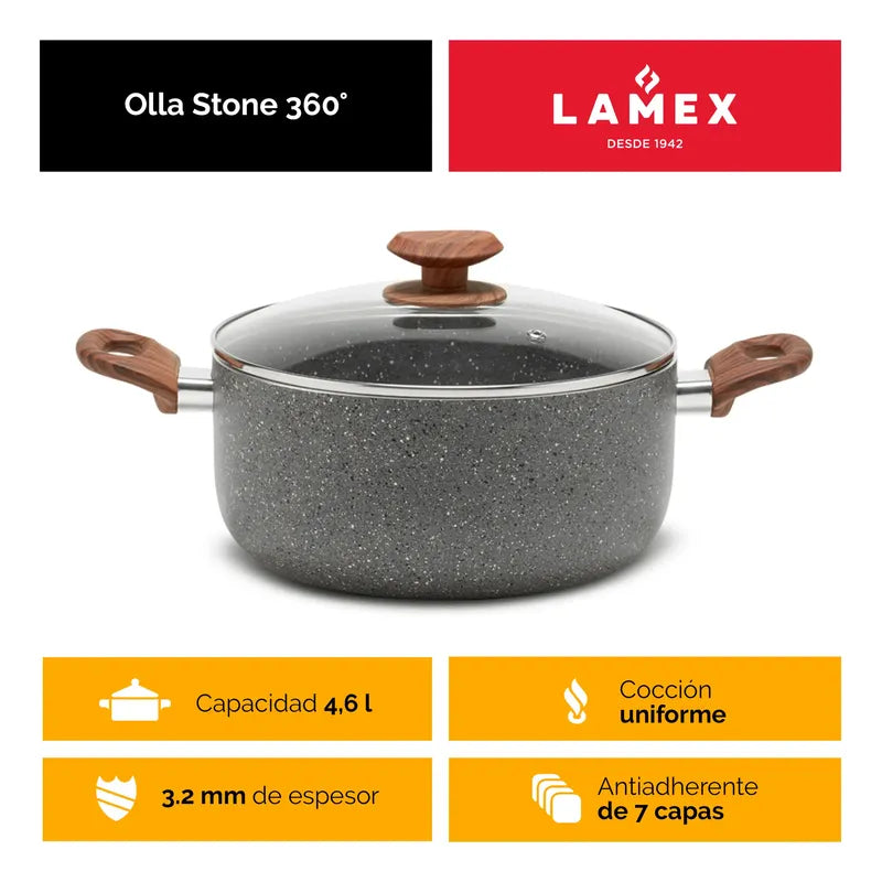 Olla Stone 360° 24 cm con tapa de vidrio y asas acabado tipo madera