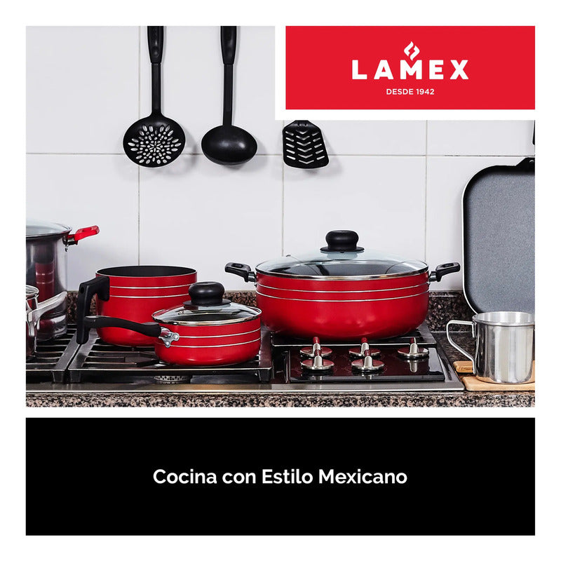 Wok Antiadherente Rojo 28 Cm Lamex Con Tapa De Vidrio