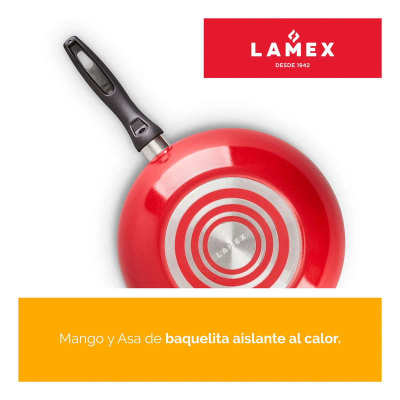 Wok Antiadherente Rojo 28 Cm Lamex Con Tapa De Vidrio