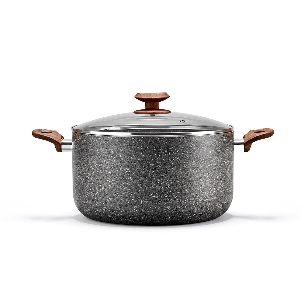 Stone 360° 28 cm pot with glass lid and wood-like handles