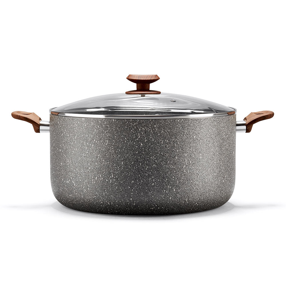 Stone 360° Pot 34 cm with glass lid and wood-like handles